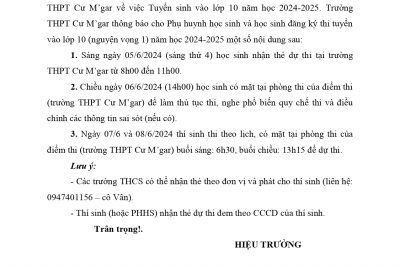 THÔNG BÁO SỐ 1 – KỲ THI TUYỂN SINH VÀO LỚP 10 NĂM HỌC 2024-2025